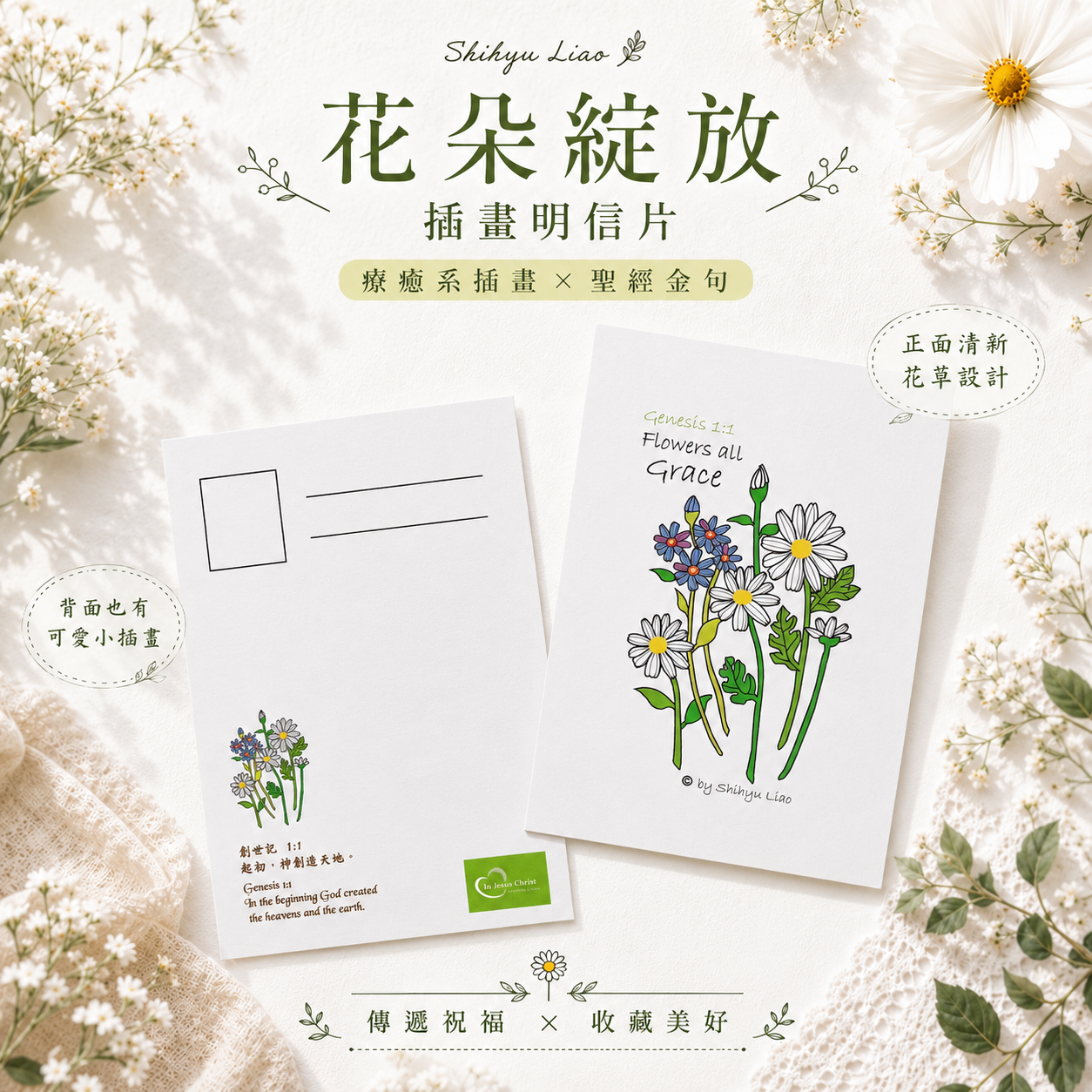 花朵綻放(白) 明信片